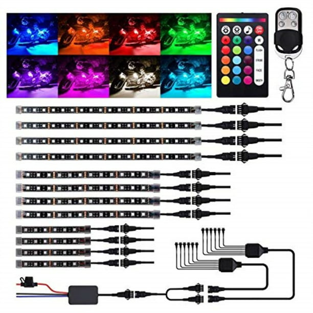 xlanjingj Pack of 12 12Pcs Motorcycle LED Light Kit Strips Multi-Color Accent Glow Neon Ground Effect Atmosphere Lights Lamp with Wireless Remote Controller for Harley Davidson Honda Kawasaki Suzuki 